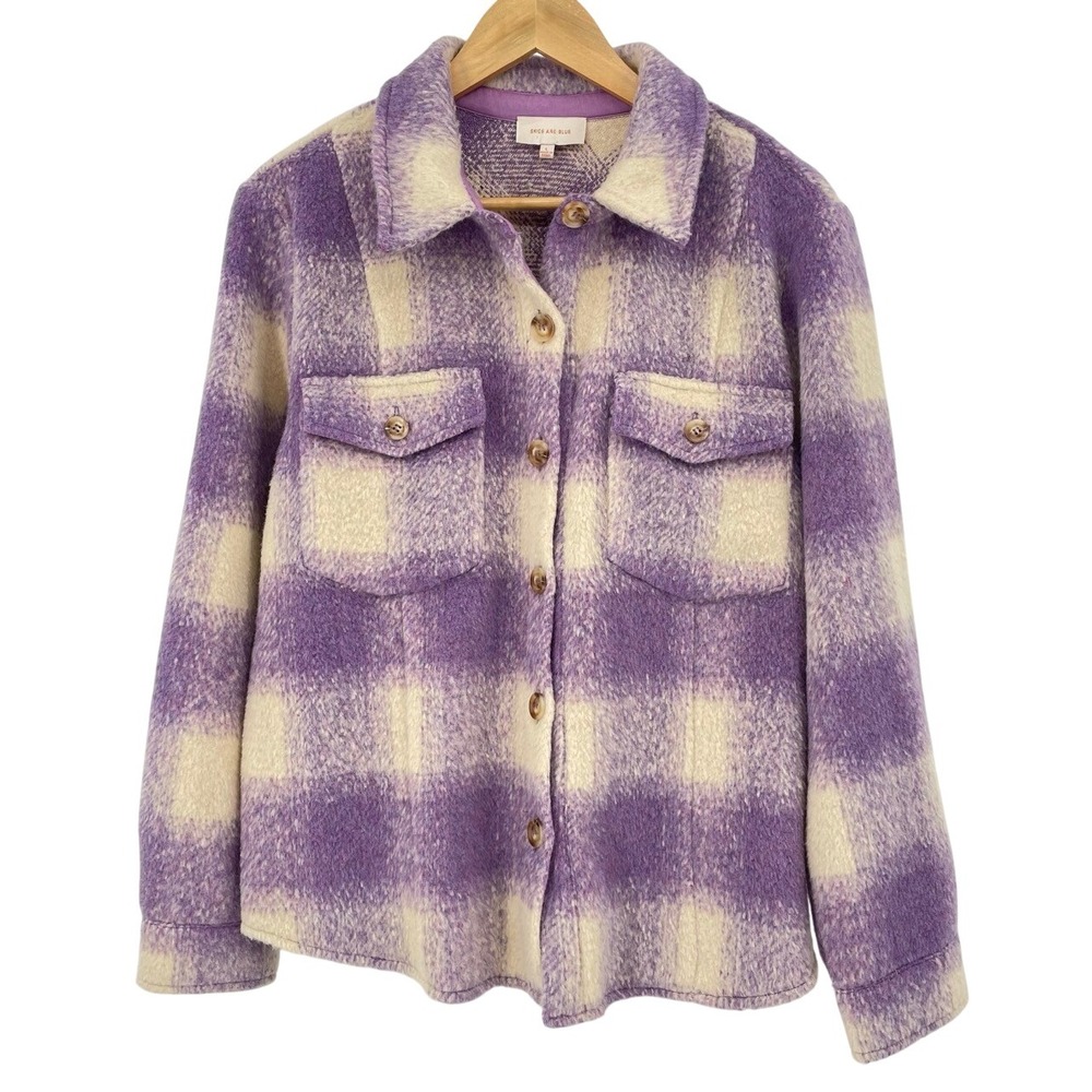 Skies Are Blue Women's Large Plaid Flannel Jacket Shacket Purple Cream‎